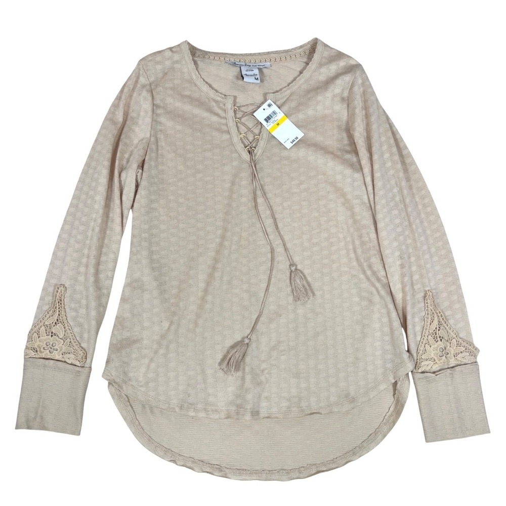 American Rag Cie Women's Beige Lace Up Tassel Long Sleeve Y2K Vibe Top Size M
